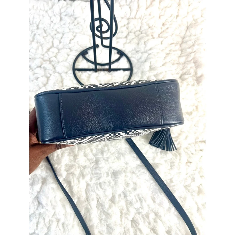 Michael Kors Woven Chevron Leather Camera Bag Navy Blue and Gold hardware
